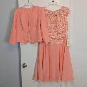 LAN TING BRIDE 2 Pc. Set Peach Formal Knee Length Lace Dress, Jacket; Size XS